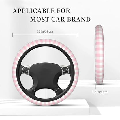 Thickened Elastic Steering Wheel Cover, Girly Pastel Pink Gingham Plaid Ultra, Soft, Breathable, Fit for Cars, SUVs, Trucks, Stylish Comfortable Grip - color: Girly Pastel Pink Gingham Plaid