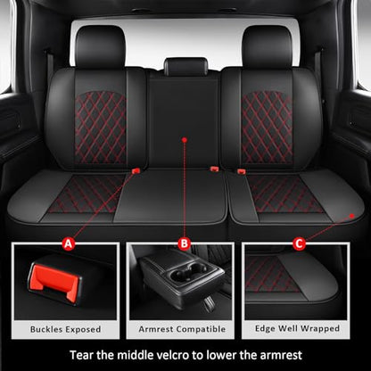 Ram Seat Covers Full Set –Waterproof Truck Seat Covers Leather Car Seat Protector Fits 2009-2026 Ram 1500/2500/3500 Crew Quad Regular Cab Pickup with Split Flat Bench 40/60,Black and Red