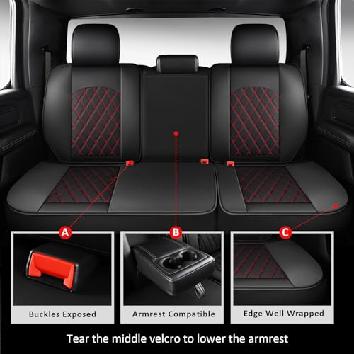MIROZO Ram Seat Covers Full Set –Waterproof Truck Seat Covers Leather Car Seat Protector Fits 2009-2026 Ram 1500/2500/3500 Crew Quad Regular Cab Pickup with Split Flat Bench 40/60,Black and Red - color: Black and Red, size: Full Set（Flat Back)