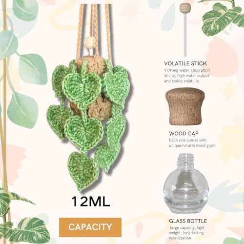 ROFIGL Handmade Crochet Hanging Car Air Freshener- Lifelike Green Pothos for Hanging with 12ml Thick Refillable Glass Diffuser Bottle, Suitable Decor for Car Rearview Mirror, Home & Wellness Spaces - style: Green Pothos