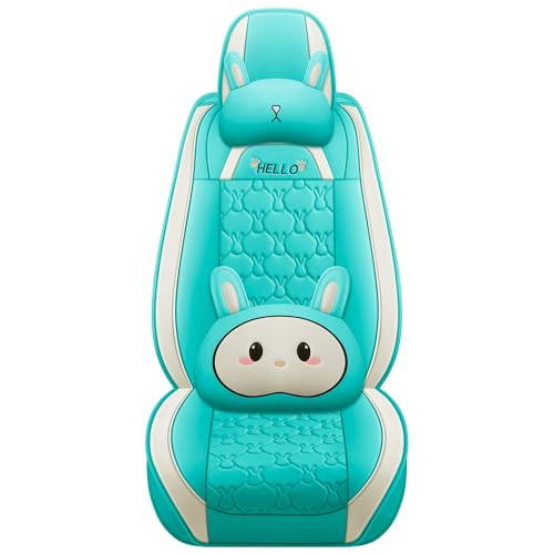INZU Cute Cartoon Rabbit Comfortable Car Seat Covers with Waterproof PU Leather Suitable for Most 5 Seats Cars SUV and Pick-up Truck Universal Fit Set (Blue & Green) - color: Blue & Green