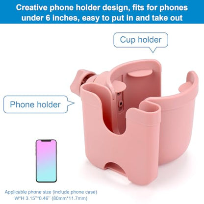 Accmor Stroller Cup Holder with Phone Holder, Bike Cup Holder, Universal Cup Holder for Uppababy Nuna Doona Strollers, 2-in-1 Cup Holder for Walker, Wheelchair, Scooter - color: Baby Pink