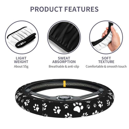 Black and White Dog Cat Paw Print Steering Wheel Cover for Women Men with 2 Pcs Car Coasters, 15 Inches Neoprene Anti-Slip Cute Universal Car Accessories Protective Cover for Vehicle - color: Black And White Paw Print