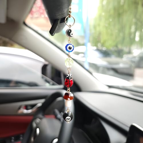 Evil Eye Car Hanging Ornament, Cute Car Charm for Rear View Mirror, Good Luck Decor with Four-Leaf Clover, Ladybug, 8 Ball, Mushroom, Yin Yang Symbo, and Boho Car Accessories