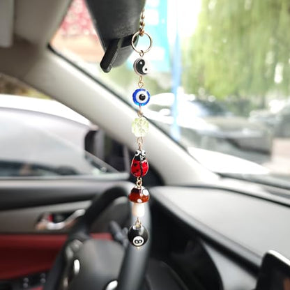 Evil Eye Car Hanging Ornament, Cute Car Charm for Rear View Mirror, Good Luck Decor with Four-Leaf Clover, Ladybug, 8 Ball, Mushroom, Yin Yang Symbo, and Boho Car Accessories