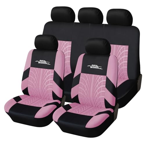 AUTOYOUTH Pink Car Seat Covers Full Set, 3D Tyre Embossed Front Bucket & Split Rear Bench Covers, Airbag Compatible, Quick Setup Universal Fit for Car, SUV, Seat Protectors (9pcs) - color: Pink, size: Full Set (9 pieces)