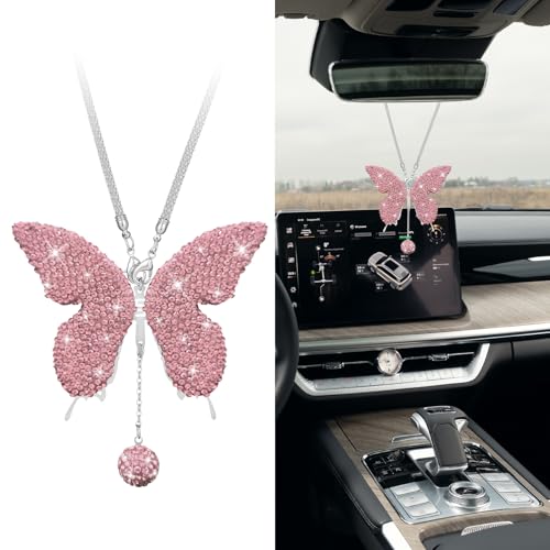 Bling Butterfly Diamond Car Accessories, Car Mirror Hanging Accessories, Crystal Rhinestone Vehicle Rear View Mirror Charms, Lucky Diamond Auto Hanging Ornament Pendant for All Cars (Pink) - color: Pink