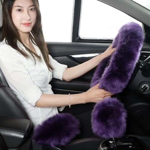 Fuzzy Genuine Sheepskin Steering Wheel Cover Set for Women Parents-Fluffy Soft Australian Merino Wool Wrap with Gear Shift and Hand Brake Covers, Cozy Stylish Luxury Car Accessories (Dark Purple) - color: Dark Purple