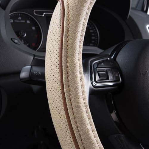 CAR PASS Line Rider Universal Fit Delux Leather Steering Wheel Cover, for suvs,sedans,Vans,Trucks for 14.7" to 15" (Beige) - color: Beige