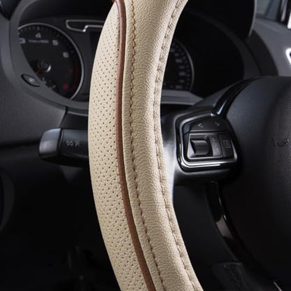 CAR PASS Line Rider Universal Fit Delux Leather Steering Wheel Cover, for suvs,sedans,Vans,Trucks for 14.7" to 15" (Beige) - color: Beige