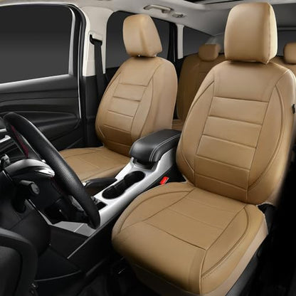 CAR PASS Piping Leather Seat Cover,Universal FIT with Composite Sponge Inside,Airbag Compatible and Reserved Opening Holes,Inside zipper for Cars,Sedan,SUV,Truck(Full Set,Beige with Tan Piping-Stripe) - color: Beige with Tan Piping-Stripe