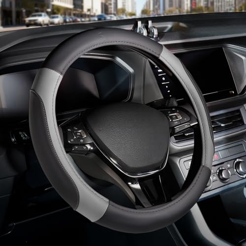 Car Steering Wheel Cover, Microfiber Leather Steering Wheel Covers with Anti-Slip Lining, Breathable Elastic Car Steering Wheel Protector, Universal Standard Size 14-15 inch - color: GrayBlack