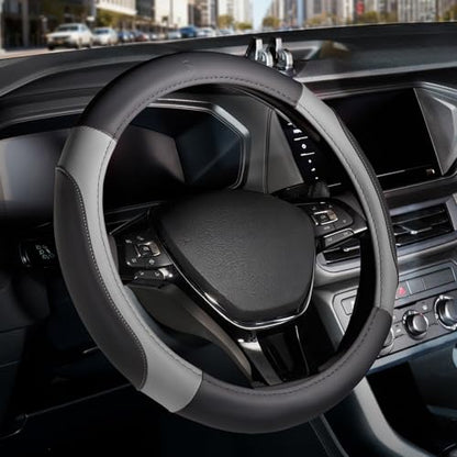 Car Steering Wheel Cover, Microfiber Leather Steering Wheel Covers with Anti-Slip Lining, Breathable Elastic Car Steering Wheel Protector, Universal Standard Size 14-15 inch - color: GrayBlack