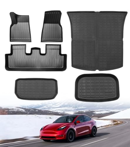 PM Auto 6-Piece Floor Mats & Cargo Liners for Tesla Model Y 2021-2025 (5 Seat), All-Weather TPE Front, Rear, Trunk & Frunk Mats, Custom Fit Interior Protection - color: 6 PCS Floor Mats