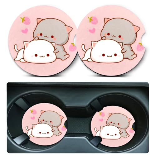 Car Coasters for Cup Holders,2 Pack Cat Car Cup Holder Coasters,2.75" Universal Size Anti Slip Rubber Mat,Automotive Cup Holder Decal Decor Accessories,Gifts for Cat Lovers Women,Men,Mom - color: 2 Cats