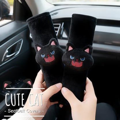 2 PCS Seat Belt Cover Pad, Cute Kawaii Animal Cat Seatbelt Covers for Kids, Soft Seatbelt Cushion, Car Seat Strap Pads (A-Black)