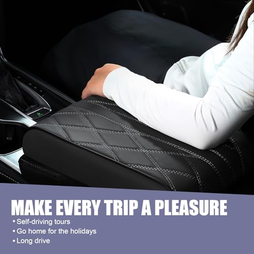 Pack-1 Car Armrest Box Booster Pad, 12.5" x 8.6" x 1.9" Memory Foam Leather Relieve Elbow Pressure Cushion, 3D Diamond Lattice Non-Slip Breathable Protection, Universal for Cars (Black)