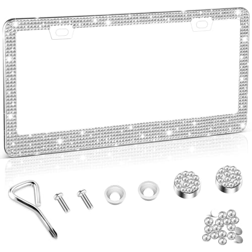 Amiss Bling License Plate Frame for Women, 1Pack Rhinestone Handcrafted Crystal Premium Stainless Steel, Stainless Steel Car Accessories with Diamond Sparkle Glitter Caps (White) - color: White, size: 1pc