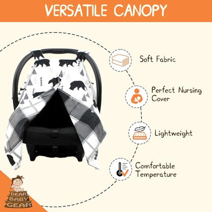 Dear Baby Gear Car Seat Cover for Infant, Newborn Carrier Canopy, Mother’s Day Gift for Moms, Baby Shower Blanket, Stroller & Nursing Cover w/ Snap Opening, 40x30in, Black & Grey Plaid Bears Design - color: Black Bears, Black and Gray Plaid Minky