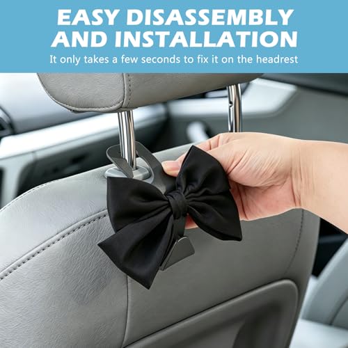 2Pcs Bow Car Headrest Hooks, Durable PVC Seat Back Organizer Hooks, Car Interior Decor Accessories, Multi‑Use for Bags and Umbrella, Universal for Cars, SUV, Truck (Black)