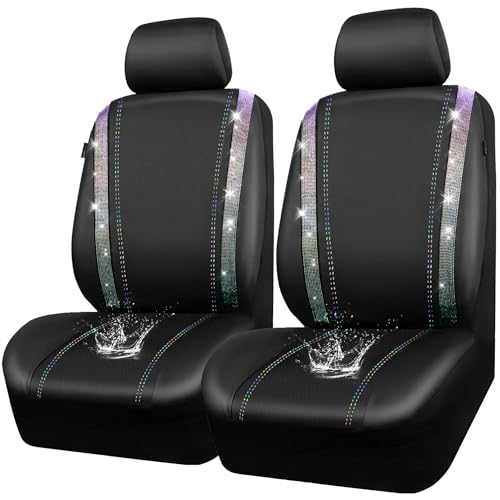 CAR PASS Leather Bling Diamond Car Seat Covers 2 Front Interior Sets, Waterproof Universal Shining Glitter Crystal Sparkle Fit for 95% Auto Truck SUV Cute Women Girl, Black Multicolor Rhinestone - color: Multicolor, size: Two Front Seats