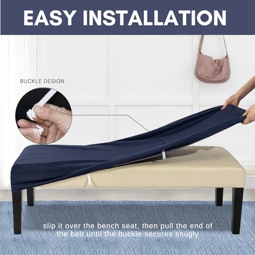 Stretch Dining Bench Cover, Washable Durable Bench Covers Slipcover, Rectangle Bench Seat Covers for Dining Room Living Room Kitchen(Jacquard Midnight Blue)