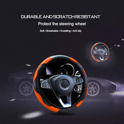 Ultra Fine Carbon Fiber Leather Steering Wheel Cover, Anti Slip and Sun Protective Protect The Steering Wheel, Easy to Install,Universal of 14.5"-15" (Orange) - color: Orange