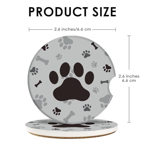 Absorbent Car Coasters 2 Pack for Cup Holders, 2.56" Ceramic Stone & Non-Scratch Cork Base Drink Coasters Dog Footprints