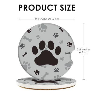 Absorbent Car Coasters 2 Pack for Cup Holders, 2.56" Ceramic Stone & Non-Scratch Cork Base Drink Coasters Dog Footprints