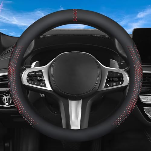Car Leather Steering Wheel Cover - Panapi Material, Universal 14.5-15 Inch Leather Anti-Slip Breathable Auto Steering Wheel Covers for Men Women (Wave Point-Red) - color: Wave Point-Red