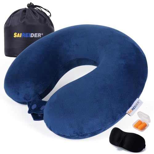 SAIREIDER Travel Pillow 100% Memory Foam Airplanes Neck Pillows -Prevent The Heads from Falling Forward Travel Neck Pillows with Sleep Mask and Earplugs (Navy Blue) - color: Navy Blue(travel Kit)