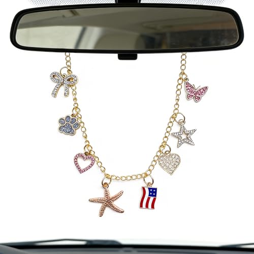 Rearview Mirror Charm for Car,Gold Hanging Accessories with Cross Butterfly Bow Dog Paw Heart Starfish American Flag Star,Cars Decor,Christian Faith Car Accessories,Religion Gifts for Drivers - color: Aircraft Flag