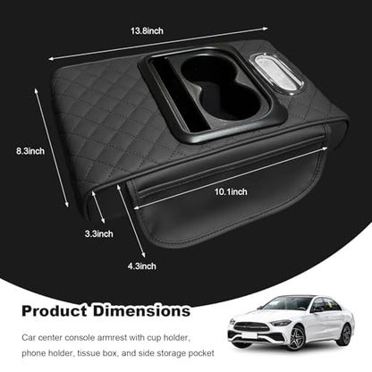 Car Center Console Armrest Pillow, Multifunctional Armrest Box Cover with Cup Phone Tissue Holder & Side Pockets, Waterproof Leather Middle Console Cushion for Most Vehicles (Black, Embroidered) - color: Black, size: Embroidered
