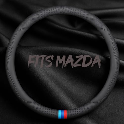Leather Car Steering Wheel Cover, Tricolor Sporty Style, Breathable Laser-Perforated, Pure Black Double Lines, 14.5-15 Inch for Mazda - color: Three-color mark - pure black, size: For Mazda
