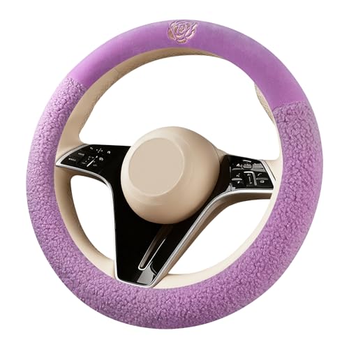 Purple Camellia Lambswool Steering Wheel Cover, for Universal Auto Steering Wheel 14.5-15 in, Lambswool Fabric, Anti-Slip, Soft Plush, Comforting and Luxurious, Embroidery Patterns, Soft Texture - color: Purple
