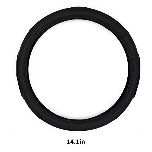 QianBao Genuine Leather Car Steering Wheel Cover Black for 13.5 to 14.2 inches Steering Wheels, Sweat Absorbent (Black) - color: Black Line
