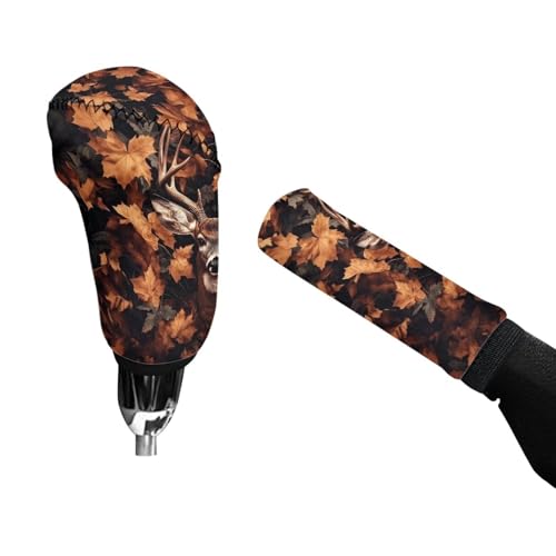 Deer Camo Print Car Handbrake Cover Gear Shift Knob Cover Set, Washable Auto Gear Shift Cover Set, Universal Vehicle Accessories Set for Cars Truck SUV, Set of 2 - color: Deer Camo