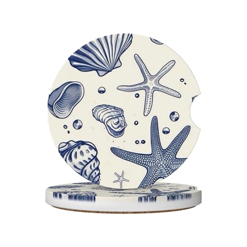 Blue Sea Starfish Shells Absorbent Ceramic Car Coasters for Cup Holders, 2.56" Anti Slip Insert Cup Coasters for Women Men (2 PCS) - color: Blue Sea Starfish Shells