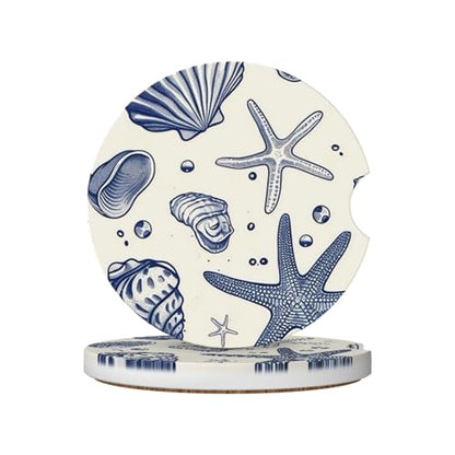 Blue Sea Starfish Shells Absorbent Ceramic Car Coasters for Cup Holders, 2.56" Anti Slip Insert Cup Coasters for Women Men (2 PCS) - color: Blue Sea Starfish Shells