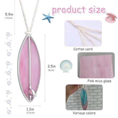 Surfboard Car Decor Charm Beach Rear View Mirror Accessories Stained Glass Car Accessories Ocean Decor Hanging Sun Catcher Surfer for Women Man (Pink)