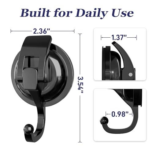 Heavy Duty Vacuum Suction Cup Hooks, Matte Black Plated Polished Super Suction for Kitchen Bathroom, 2 Pack