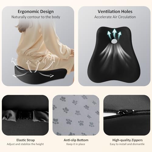 Seat Cushion,Lumbar Support Pillow for Office Chair, Cooling Mesh Office Chair Cushions for Sciatica,Tailbone &Back Pain Relief,Ergonomic Memory Foam Back Support Pillow for Desk,Gaming Car Chair - color: Black