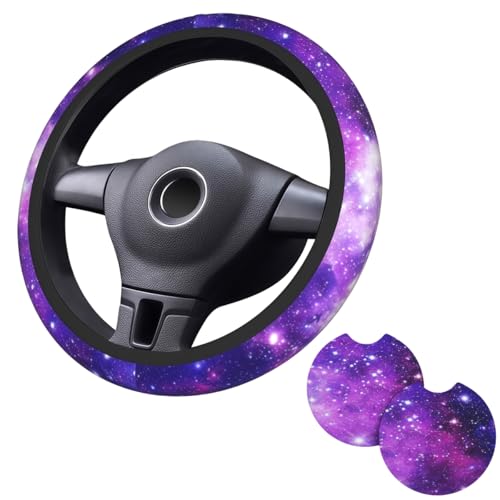 Starry Sky Steering Wheel Cover - Purple Night Sky Steering Wheel Covers Women Men Car Cup Holder Pad 2 Pack Decor Anti-Slip Auto Neoprene Universal 15 Inch Car Steering Wheel Protector - color: Purple starry sky