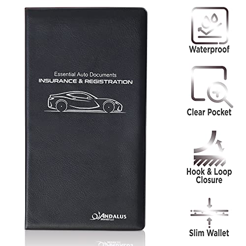 Andalus Auto Registration & Insurance Card Holder Pack of 2, Waterproof Essential Car Registration Holder with Hook & Loop Closure, Perfect for Every Vehicles Glove Boxes (Black - 9.5" x 5.15") - color: Black