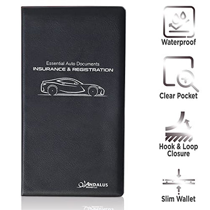 Andalus Auto Registration & Insurance Card Holder Pack of 2, Waterproof Essential Car Registration Holder with Hook & Loop Closure, Perfect for Every Vehicles Glove Boxes (Black - 9.5" x 5.15") - color: Black