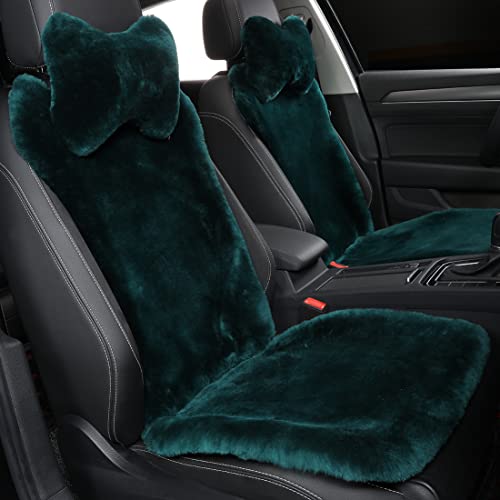 OGLAND Fluffy Fuzzy Fur Sheepskin Universal Car Seat Covers for Auto Cozy Seat Cushion Auto Accessories, 1 Front Seat (3 Pack Front, Alpine Green) - color: Alpine Green