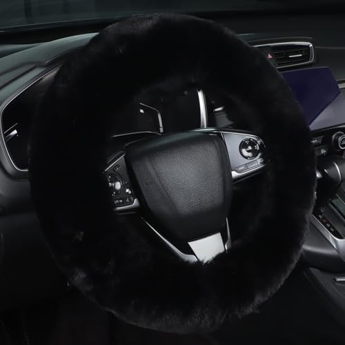 Cute Fluffy Steering Wheel Cover 14-15 inch Warm Soft Long Plush Steering Wheel Grip for Winter Car Interior Accessories for Women Men (Black) - color: Black