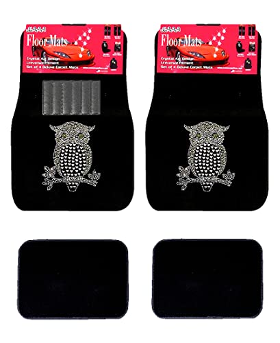 ALLBrand Universal Fit FrontRear 4 Piece Full Set Crystal Bling Rhinestone Design Studded Carpet Car SUV Truck Floor Mats Golden Owl Black KAM - color: Golden Owl-Black