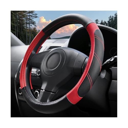 Car Steering Wheel Cover, 14.5-15" Soft Leather Stylish Steering Wheel Protector with Non-Slip Lining, Sporty Comfortable Auto Interior Decor Accessories, Universal Fit (Black Red) - color: Black Red