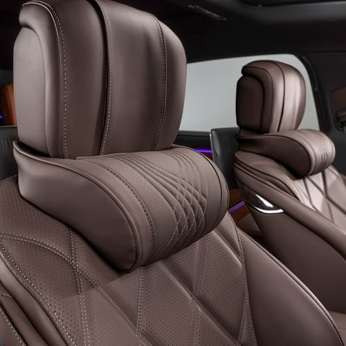 Car Headrest Memory Foam Neck Pillow for Driving with Leather Cover Soft Comfortable Seat Head Pillow Cushion for Most Cars SUV Sedan Home Office Brown (2PC)